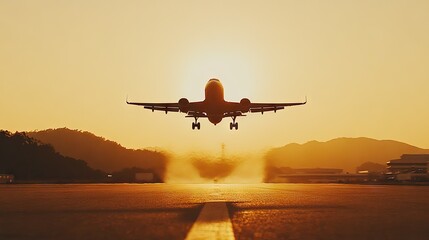 Fototapeta premium A model airplane taking off from a runway, set against a bright sky, symbolizing the start of an overseas adventure.