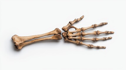 Obraz premium Human skeletal hand model on a white isolated background.