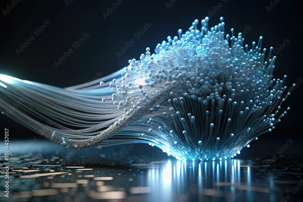 Poster a mesmerizing blend of glowing fibers forms an ethereal wave of light in a darkened space, showcasin