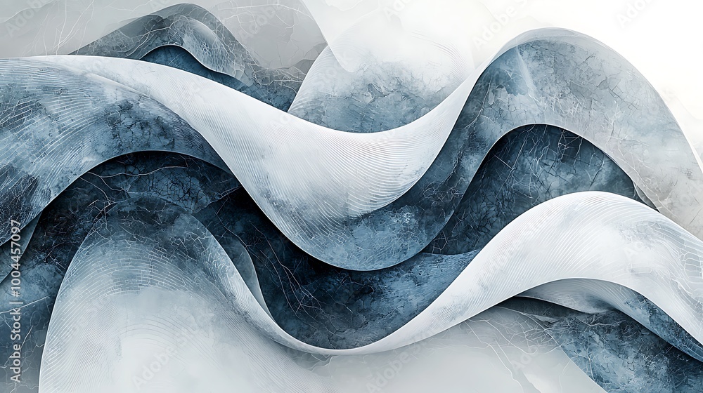 Poster blue and white swirling patterns twist and turn, creating a dynamic, abstract background.