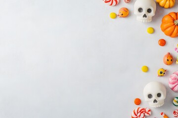 A black background with a variety of Halloween treats including candy, cookies , with ample copy space for text.