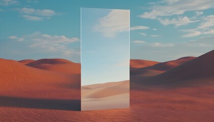 A large mirror standing in the middle of a desert, reflecting the endless dunes and sky, creating a surreal contrast between reality and illusion in nature