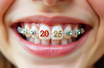 Close up of a child's teeth with braces. The braces have the numbers 2025 in the center in red, gold and green