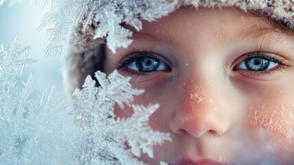 Child's Face Partially Covered with Frost on Windowpane