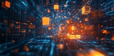 Obraz premium Futuristic Geometric Landscape with Orange and Blue Cubes, AI generated illustration