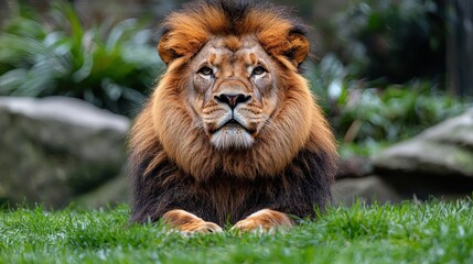 Fototapeta premium A majestic lion resting on lush green grass in a tranquil environment during a sunny day, capturing the essence of wildlife
