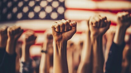 Obraz premium Image celebrates Labor Day in the United States, symbolized by a group of raised fists representing solidarity and strength. The foreground features the American flag, embodying patriotism and unity. 