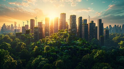 Obraz premium A sustainable cityscape with green buildings and wind turbines glows at sunset, a vision of an eco-friendly future.