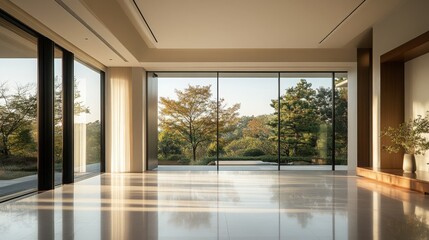 Obraz premium Modern Minimalist Interior Design with Large Windows and Natural Light