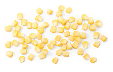 Pile of fresh corn kernels on white background, flat lay
