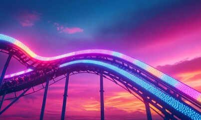 Neon-Lit Roller Coaster Track Against a Colorful Sunset Sky, AI generated illustration