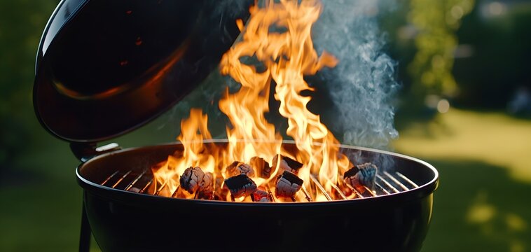 Charcoal grill with flames and smoke rising, lid open to reveal glowing coals, focus on heat and fire, perfect for backyard barbecue imagery