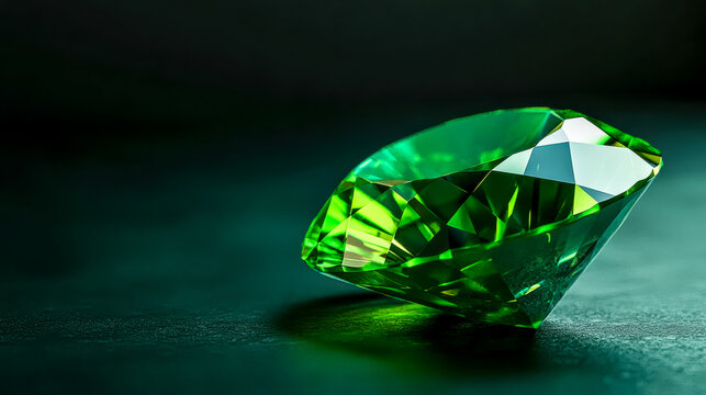 Large green emerald cut diamond resting on dark background