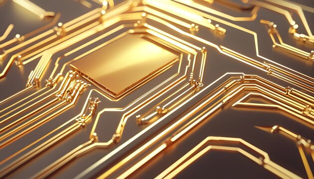 Close-up of a quantum computer core, gold and metallic components, complex wiring and layers, cutting-edge quantum technology, futuristic design