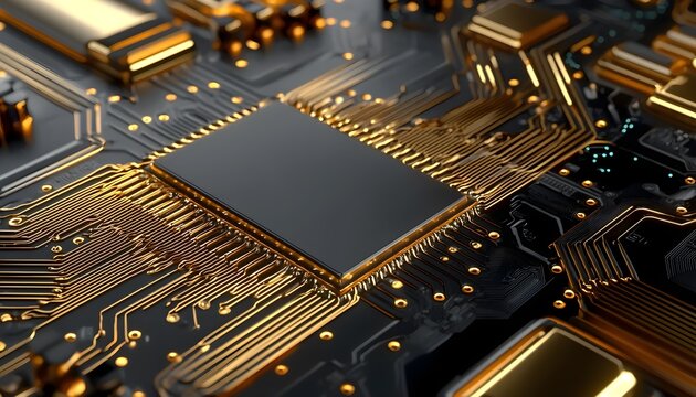 Close-up of a quantum computer core, gold and metallic components, complex wiring and layers, cutting-edge quantum technology, futuristic design