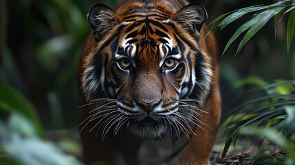 A majestic tiger prowls through dense foliage in a lush forest during the golden hour, showcasing its striking features and vibrant colors