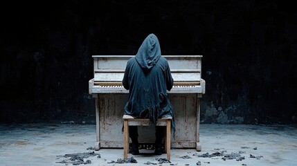 Naklejka premium Mysterious figure in hooded cloak playing piano in dark, atmospheric space.