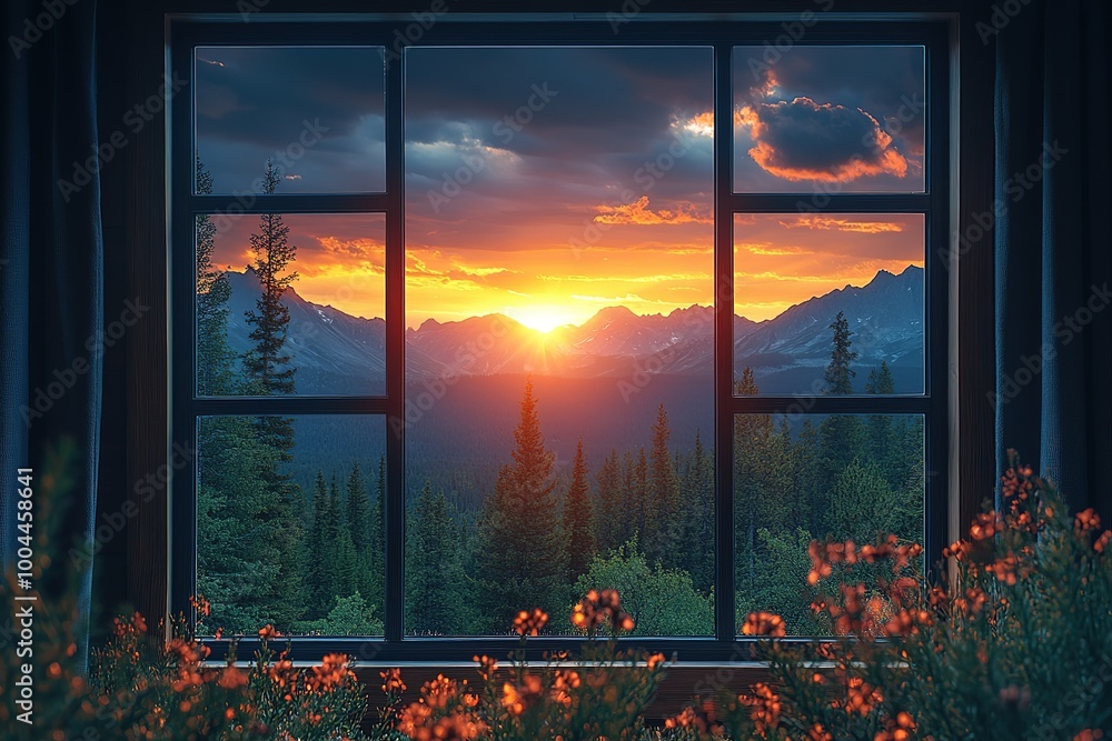 Aufkleber a window view of a mountain range with a sunset in the background