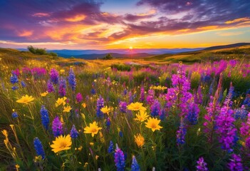 vibrant wildflower fields showcasing colorful essence nature blooming landscapes under bright blue skies, meadow, flowers, petals, spring, flora, blossom