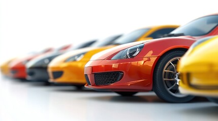 Fototapeta premium A row of colorful sports cars displayed in a bright, clean environment.
