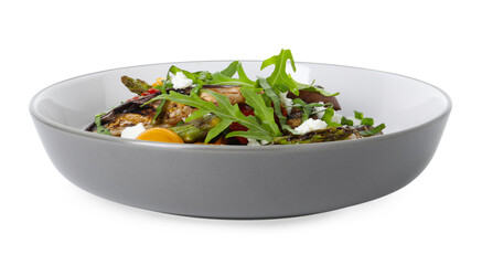 Tasty salad with grilled vegetables in bowl isolated on white