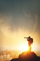 Vision for success ideas. Businessman perspective for future planning. Silhouette of man holding...