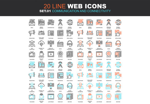 Vector set of communication and connectivity line web icons. Each icon with adjustable strokes neatly designed on pixel perfect 64X64 size grid. Fully editable and easy to use.