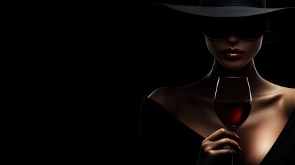 A mysterious figure holding a glass of red wine against a dark background.