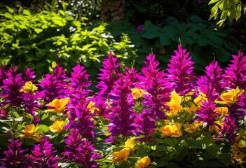 stunning close visuals colorful blooming flowers surrounded lush green plants capturing vibrancy, petal, blossom, greenery, leaf, garden, botanical, vivid