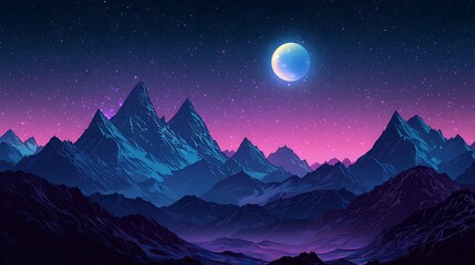 A night sky dotted with stars frames a majestic mountain range, the full moon shining above.