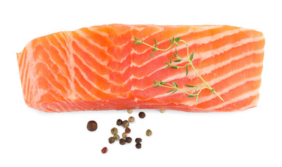 Piece of fresh salmon, peppercorns and thyme isolated on white, top view