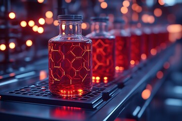 A row of red bottles with a hexagonal pattern on them