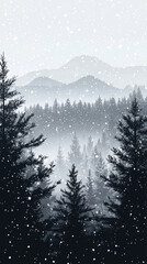 A serene winter landscape featuring silhouette of dense forest with pine trees, set against backdrop of misty mountains. Snowflakes gently fall, creating tranquil atmosphere