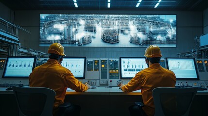 Engineers monitor automated systems in a control room at a modern industrial facility during evening hours
