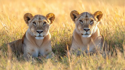 Obraz premium Two lions resting in golden grasslands of the savanna during the early morning light