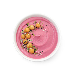Tasty beetroot hummus and chickpeas in bowl isolated on white, top view