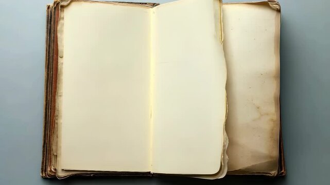 Antique book with torn pages revealing aged paper and blank sheets for text and creative writing ideas, 4k footage