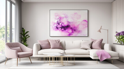 A cozy living room with a painting in alcohol ink technique