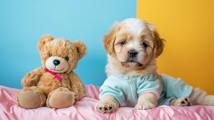 A cute puppy wearing pajamas laying beside a teddy bear isolated on colorful background