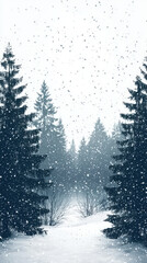 Obraz premium A serene winter landscape featuring snow covered forest with tall pine trees. Snowflakes gently fall, creating peaceful and tranquil atmosphere in snowy wilderness