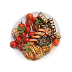 Delicious grilled vegetables and chicken breast isolated on white, top view