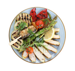 Delicious grilled vegetables and cut chicken meat isolated on white, top view