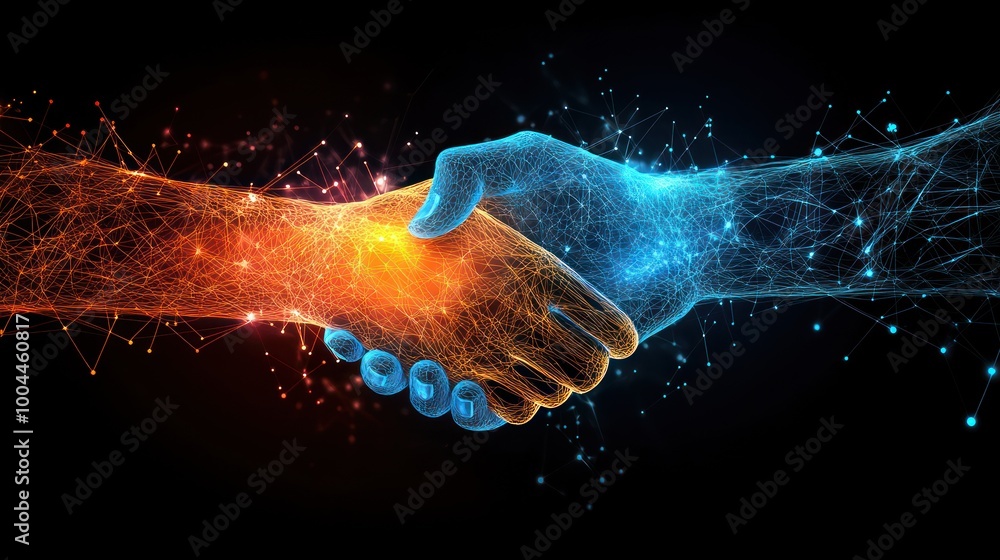 Poster digital handshake: a symbol of collaboration and unity
