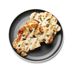 Delicious grilled cauliflower steaks isolated on white, top view