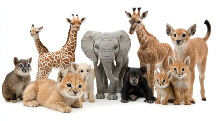 Obraz premium This illustration depicts a variety of animals including an elephant, giraffe, monkey, lion, and others, all gathered together on a clean white background, celebrating wildlife diversity