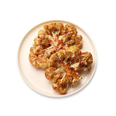 Delicious baked cauliflower steaks isolated on white, top view