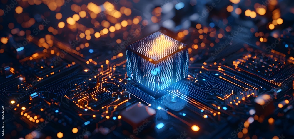 Poster futuristic circuit board with glowing orange lights, complex microchip architecture, digital technol