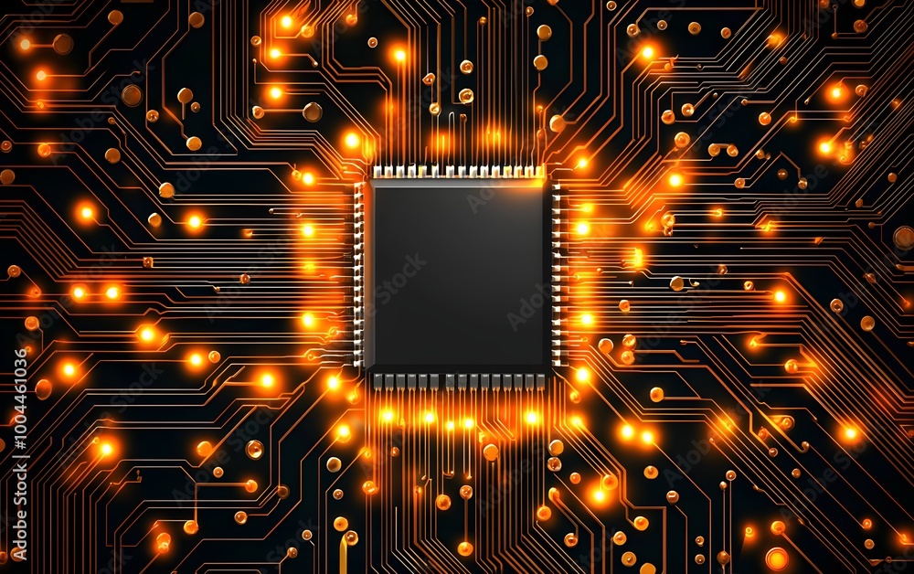 Poster futuristic circuit board with glowing orange lights, complex microchip architecture, digital technol