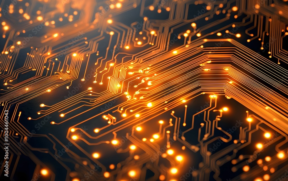 Poster futuristic circuit board with glowing orange lights, complex microchip architecture, digital technol