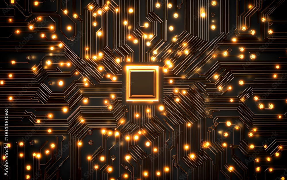 Poster futuristic circuit board with glowing orange lights, complex microchip architecture, digital technol
